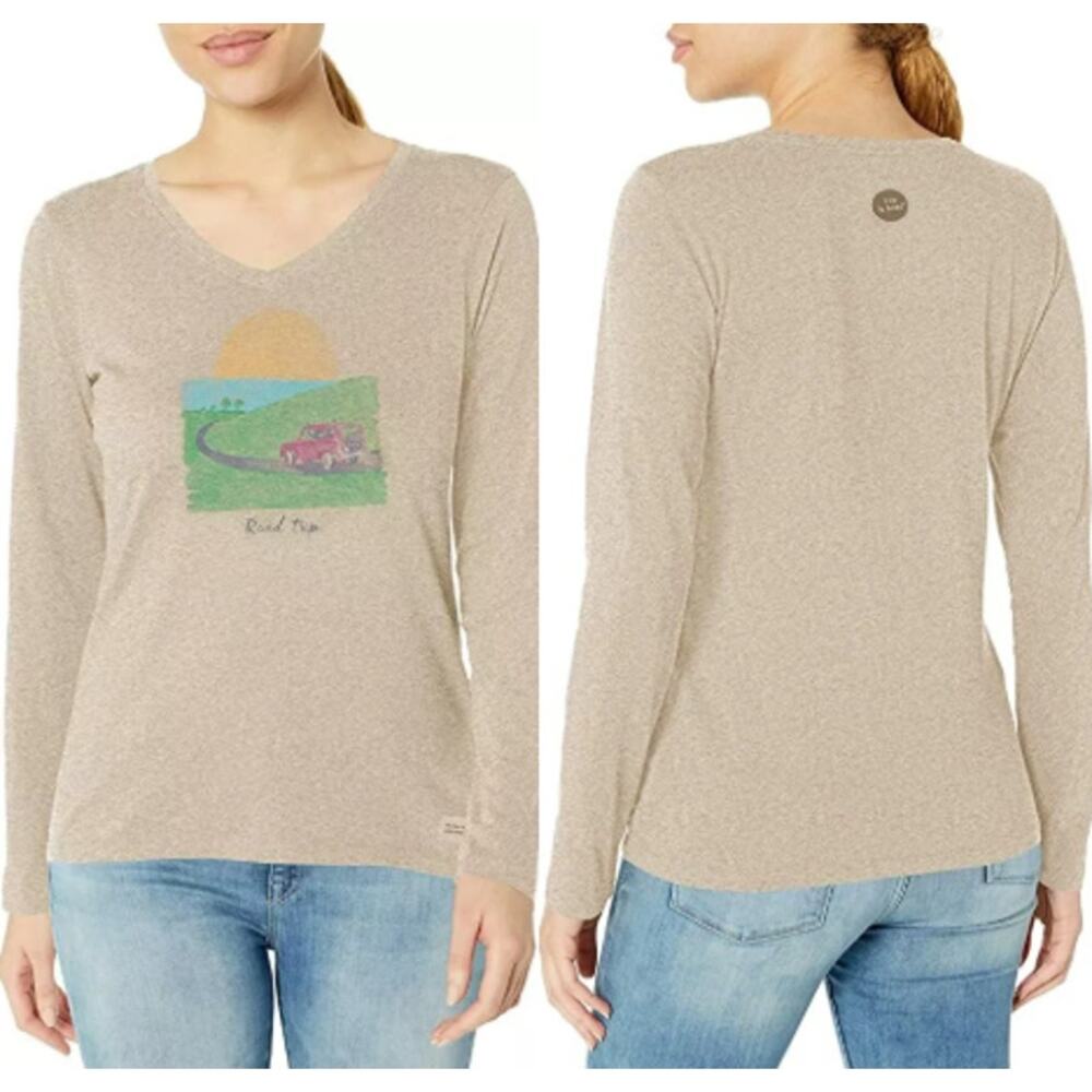 Life is Good Road Trip Crusher Long Sleeve V-Neck Tee Women's L Heather Mocha